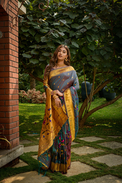 Indyancart GR Women's Butterfly Grey Zari Paithani Silk Saree