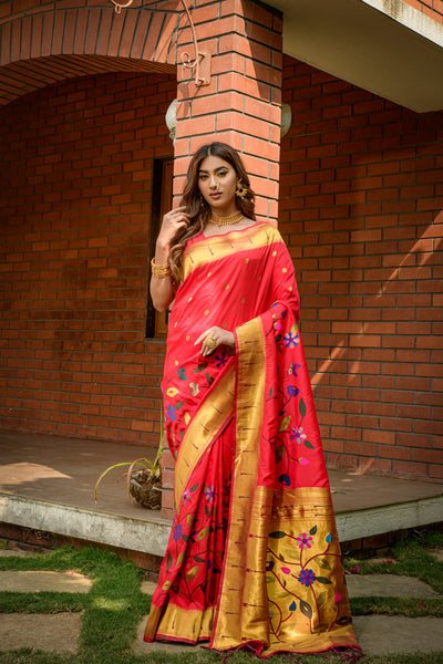 Indyancart GR Women's Butterfly Red Zari Paithani Silk Saree