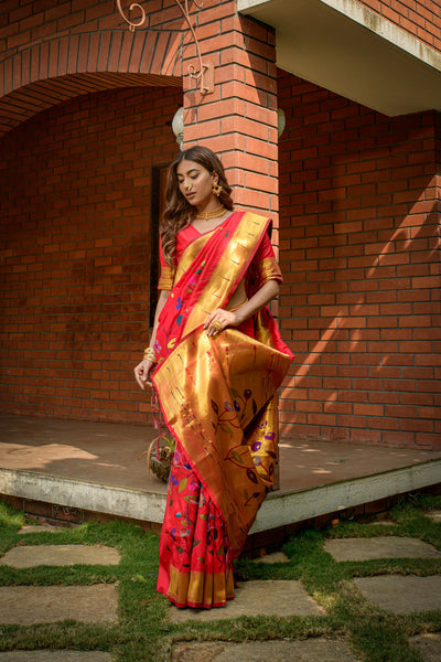 Indyancart GR Women's Butterfly Red Zari Paithani Silk Saree