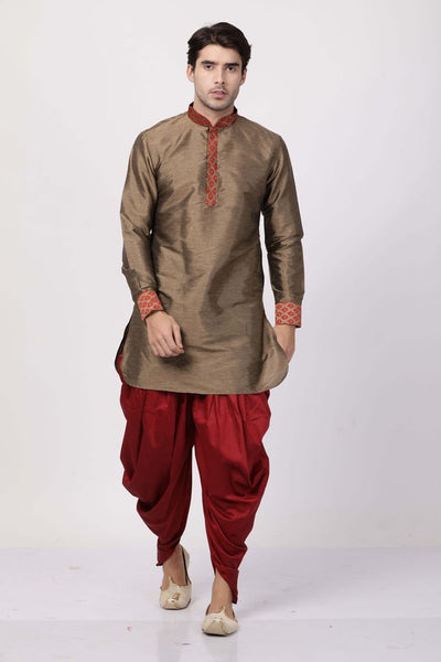 Men's Maroon Silk Blend Pathani Kurta and Dhoti Set