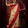 Women's Silk Blend Off White Printed Celebrity Saree With Blouse Piece
