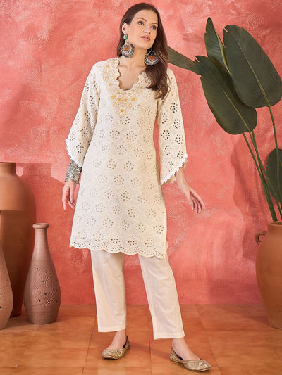Indyancart SN Women's Floral Schiffli Embroidered Thread Work Pure Cotton Straight Kurta & Trouser