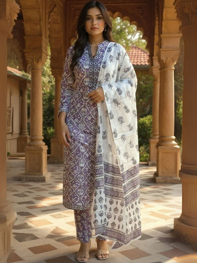 Indyancart IE Women Ethnic Motifs Printed Regular Pure Cotton Kurta & Trousers With Dupatta