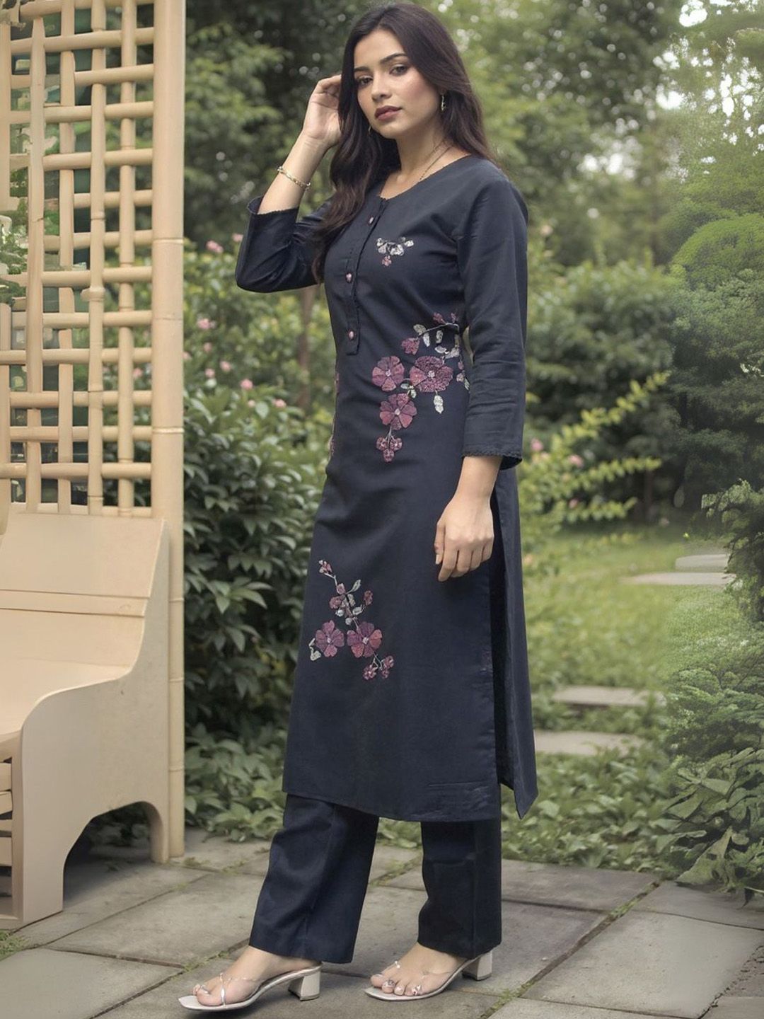 Floral Embroidered Thread Work Kurta With Trousers