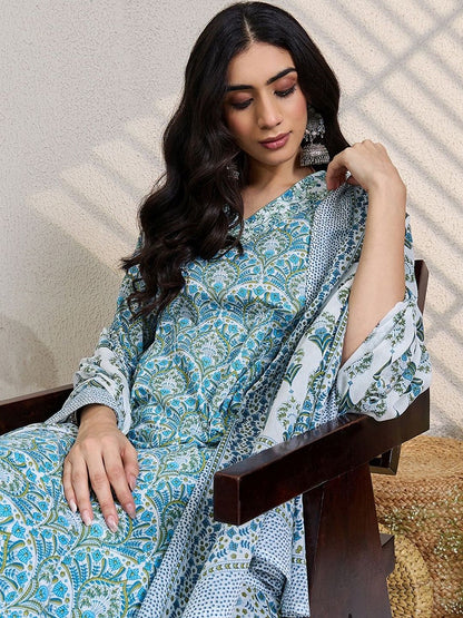 Ethnic Motifs Printed Thread Work Pure Cotton Kurta With Trousers &