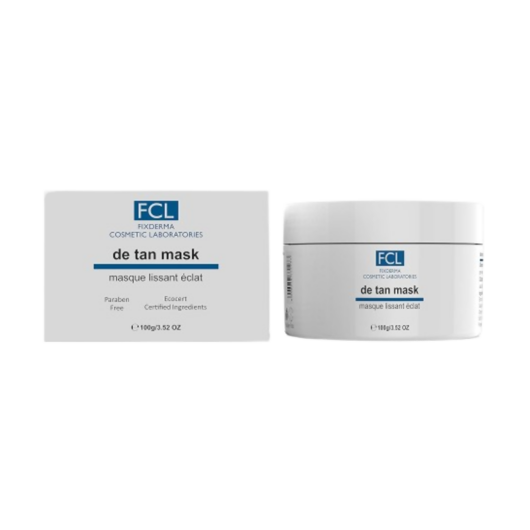 FCL De Tan face mask applied on skin, promoting brightening and skin rejuvenation with natural ingredients.
