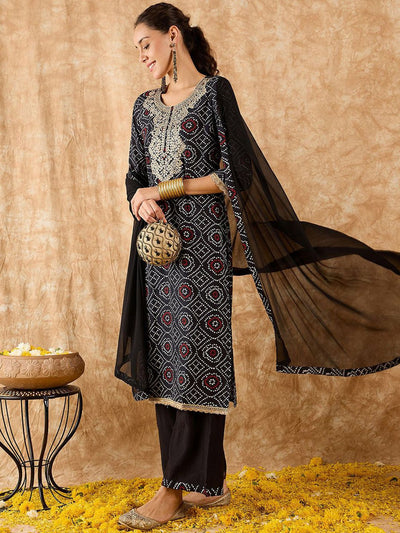 Indyancart IE Bandhani Printed Straight Pure Cotton Kurta with Palazzos & Dupatta