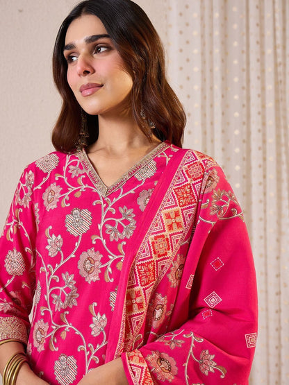 Floral Printed Notch Neck Chanderi Silk Straight Kurta & Trousers With Dupatta