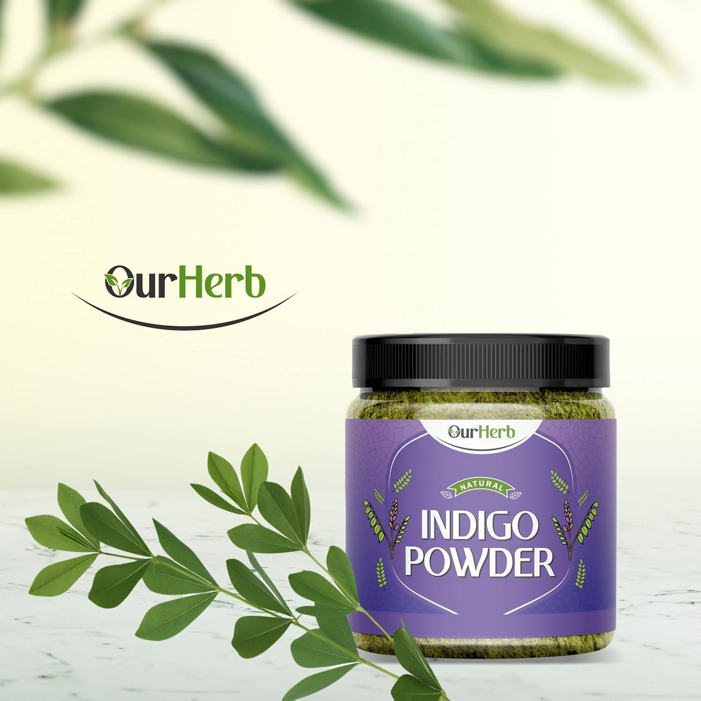 OurHerb organic indigo leaves powder for black hair color, shown in a natural, powdered form in a clear bowl.