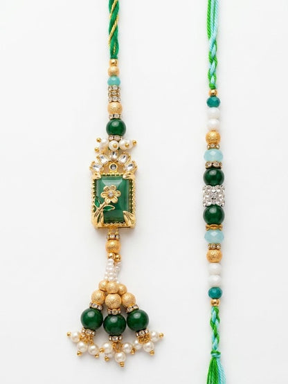 Anouk Set Of 2 Green Artificial Beads Traditional Bhaiya Bhabhi Rakhi With Roli Chawal