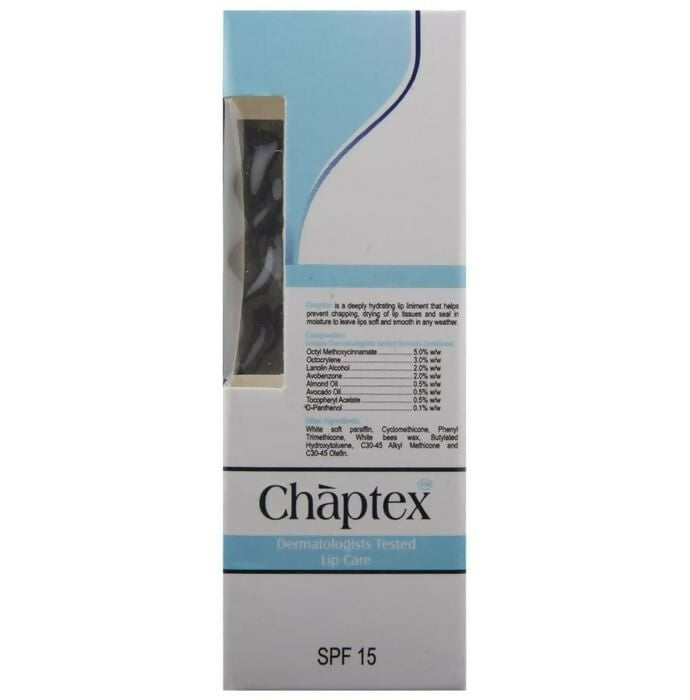 Chaptex SPF 15 Lip Care Lip Balm tube showing the moisturizing balm with SPF protection for smooth lips.