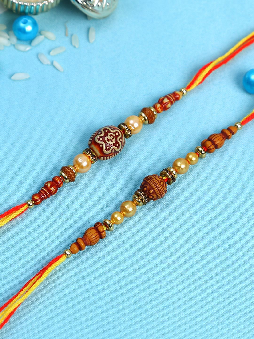 Anouk Set Of 2 Brown Beaded Rakhi With Roli Rice & Greeting Card