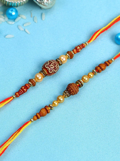 Anouk Set Of 2 Brown Beaded Rakhi With Roli Rice & Greeting Card