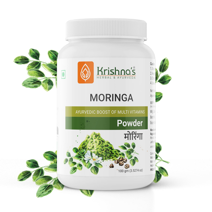 Krishna's Herbal & Ayurveda Moringa Powder in a clear container, showing vibrant green powder for Ayurvedic herbal supplement.