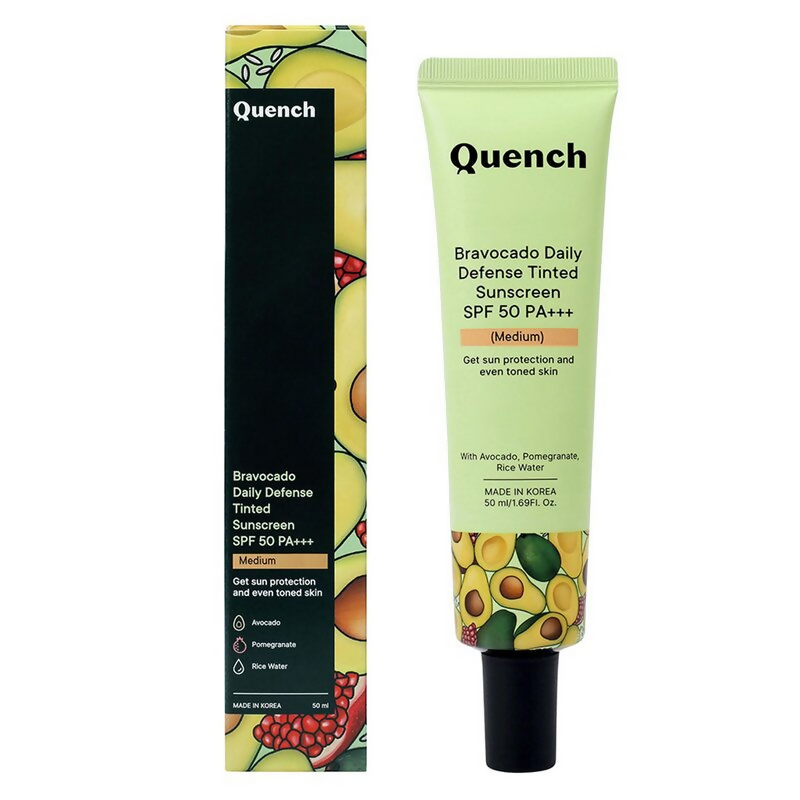Quench Vitamin E Tinted SPF 50 Sunscreen with mineral and chemical actives, showing the tube with medium tint shade.