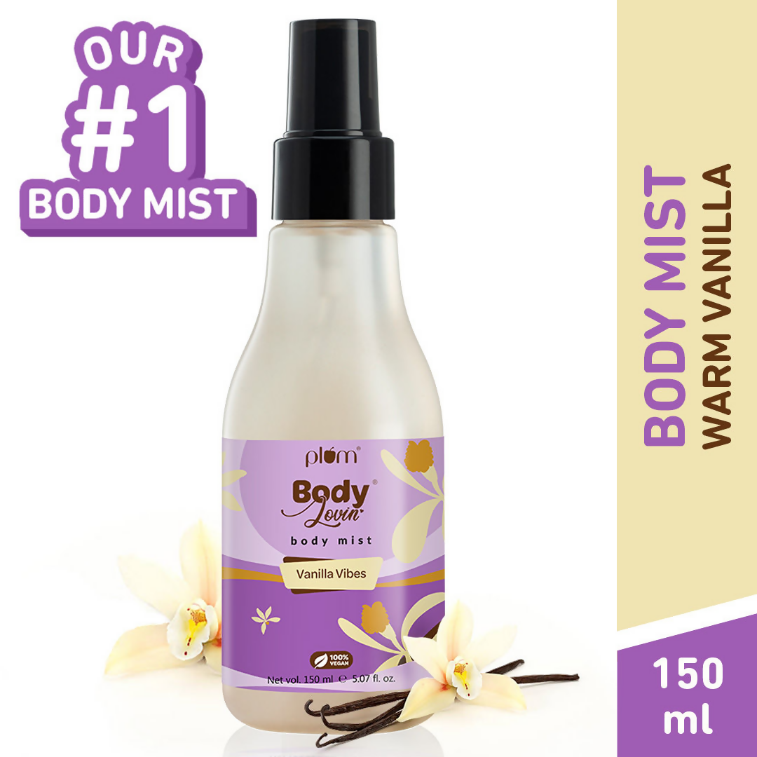 Plum BodyLovin Vanilla Vibes body mist bottle with vanilla fragrance, featuring a sleek design and vibrant label.