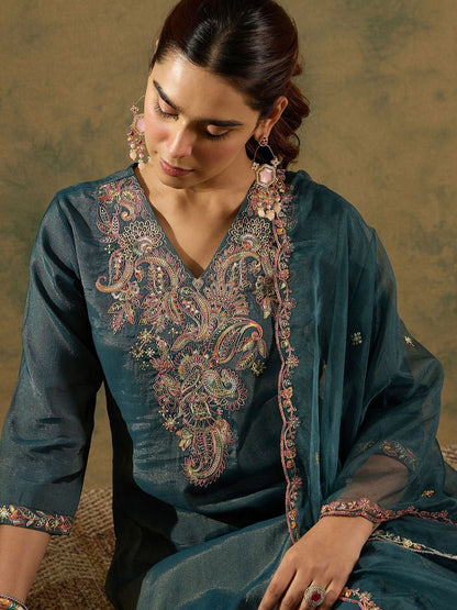 Indyancart IE Ethnic Motifs Embroidered Liva Straight Kurta With Trousers & Dupatta