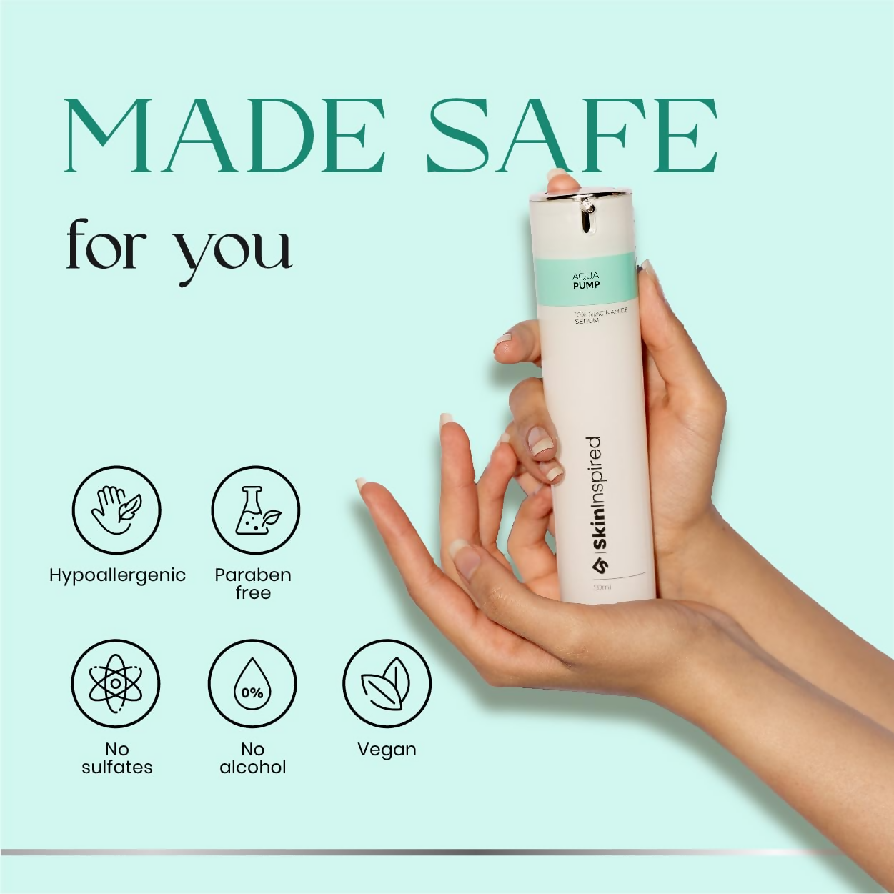 SkinInspired Aqua Pump 10% Niacinamide face serum in a clear pump bottle, visible dropper cap and serum inside, for brightening skin.