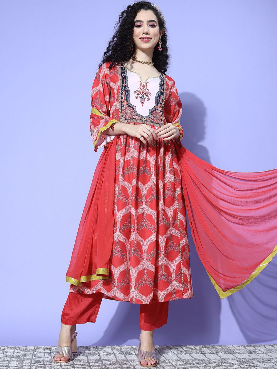 Indyancart VA Women's Ethnic Motifs Printed Empire Gotta Patti Kurta with Trousers & With Dupatta