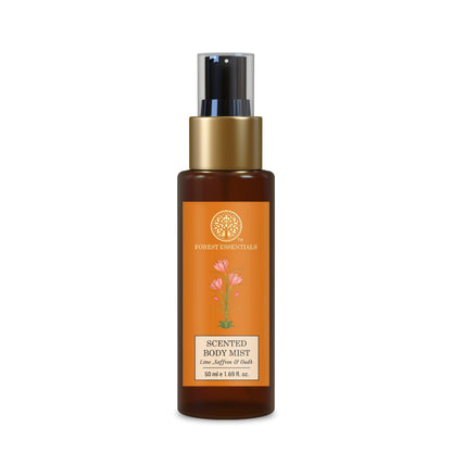 Forest Essentials Lime Saffron & Oudh scented body mist bottle with a natural design, showcasing the luxurious fragrance.