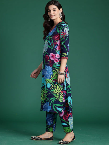 Indyancart IE Tropical Printed V-Neck Pure Cotton Tunic With Trouser