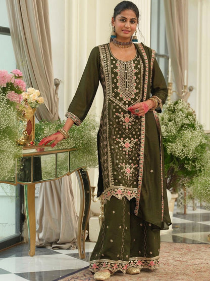 Indyancart IE Women Ethnic Motifs Embroidered Regular Thread Work Kurta with Palazzos & With Dupatta