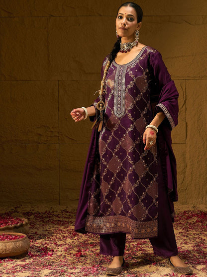 Indyancart IE Burgundy Floral Woven Design Thread Work Straight Kurta with Trousers & Dupatta
