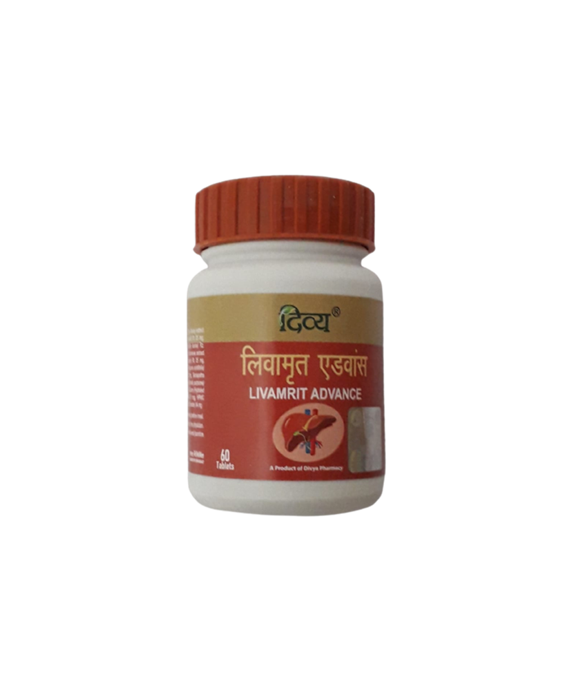 Patanjali Divya Livamrit Advance Ayurvedic wellness supplement in a herbal capsule bottle with label.