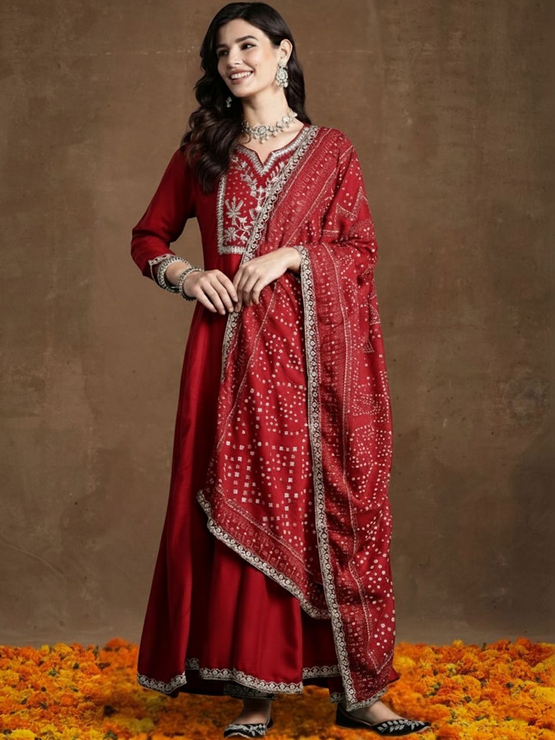Women Ethnic Motifs Embroidered Panelled Thread Work Kurta with Trousers & With Dupatta