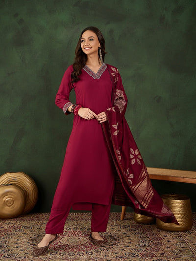 Indyancart SN Women's Thread Work V-Neck Straight Kurta With Trousers And Dupatta