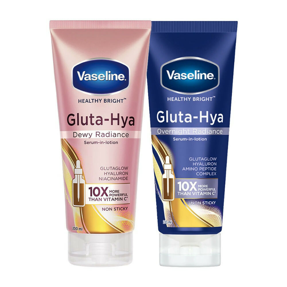 Vaseline Gluta-Hya Dewy Radiance and Overnight Serum-In-Lotion bottles, hydrating body lotions with radiant skin benefits.