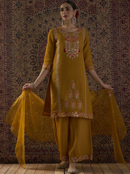 Floral Embroidered Thread Work Straight Kurta With Palazzo & Dupatta