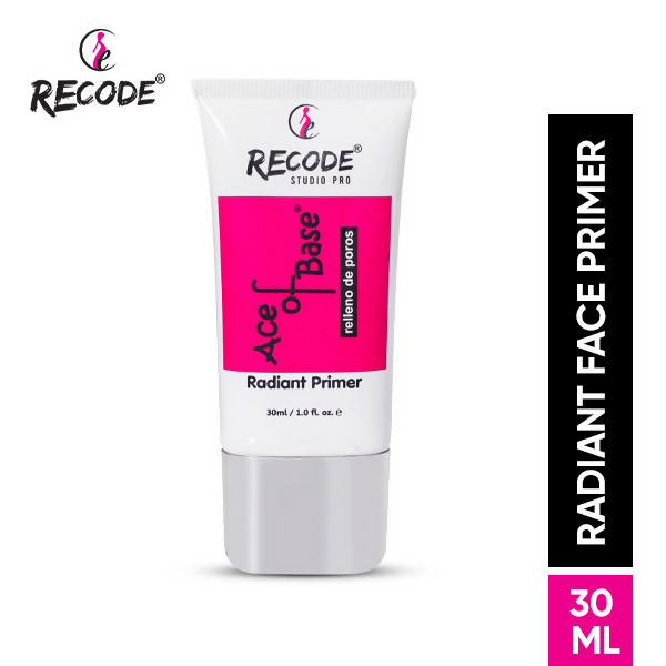 Recode Ace of Base Radiant Face Primer tube, lightweight skin primer with a smooth, glowing finish for a radiant complexion.