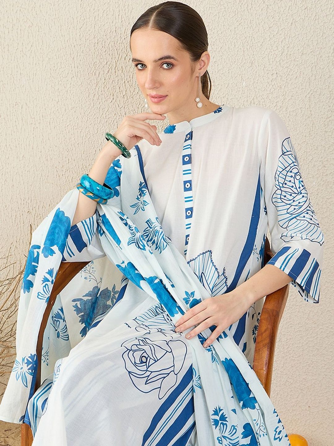 Women Floral Printed Cotton A-Line Kurta with Trousers & Dupatta