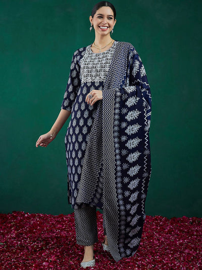 Dhiyona IE Ethnic Motifs Printed Thread Work Straight Kurta With Trousers & Dupatta