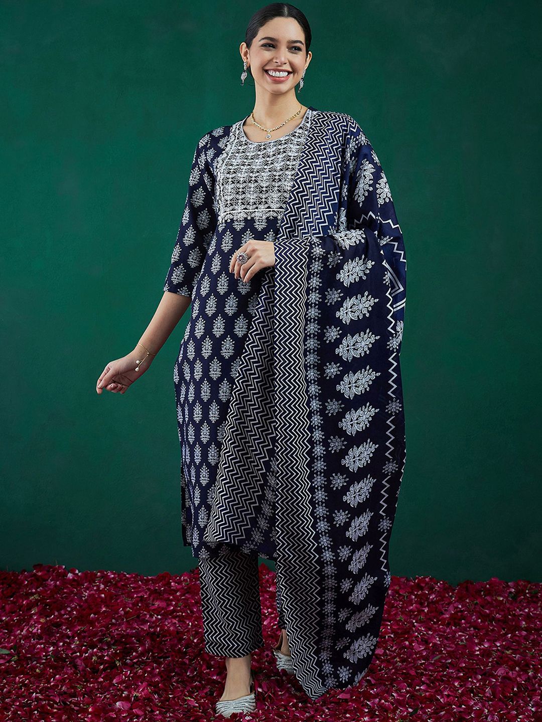 Ethnic Motifs Printed Thread Work Straight Kurta With Trousers & Dupatta