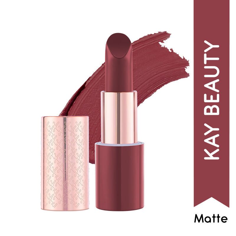 Kay Beauty Matte Drama Long Stay Lipstick in Wrap Up shade, showing a close-up of the deep matte lipstick tube.