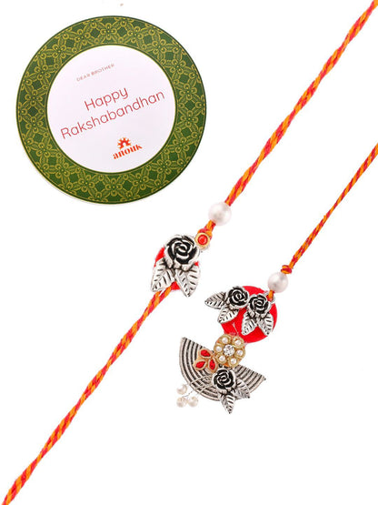 Anouk Silver-Toned Beaded Bhaiya Bhabhi Rakhi With Roli Chawal & Greeting Card