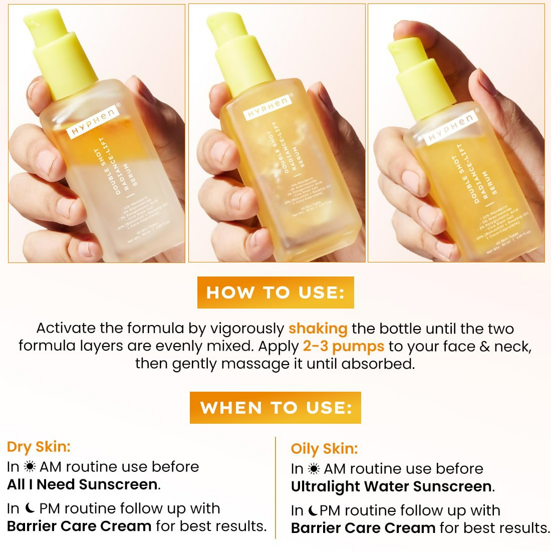 Hyphen Double Shot Face Serum with brightening and collagen, featuring a sleek bottle and dropper applicator.