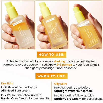 Hyphen Double Shot Face Serum with brightening and collagen, featuring a sleek bottle and dropper applicator.