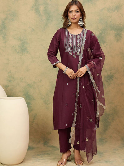 Indyancart VA Women'sYoke or Border Embroidered Zari Straight Kurta With Trousers & Dupatta