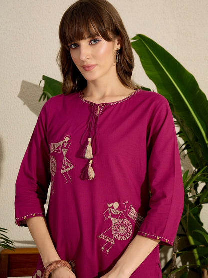 Indyancart IE Embroidered Round Neck Straight Pure Cotton Kurta & Trousers