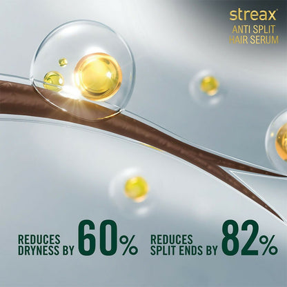 Streax Professional Anti Split Hair Serum with Bio-Elixir, showcasing a sleek bottle and the serum applicator.