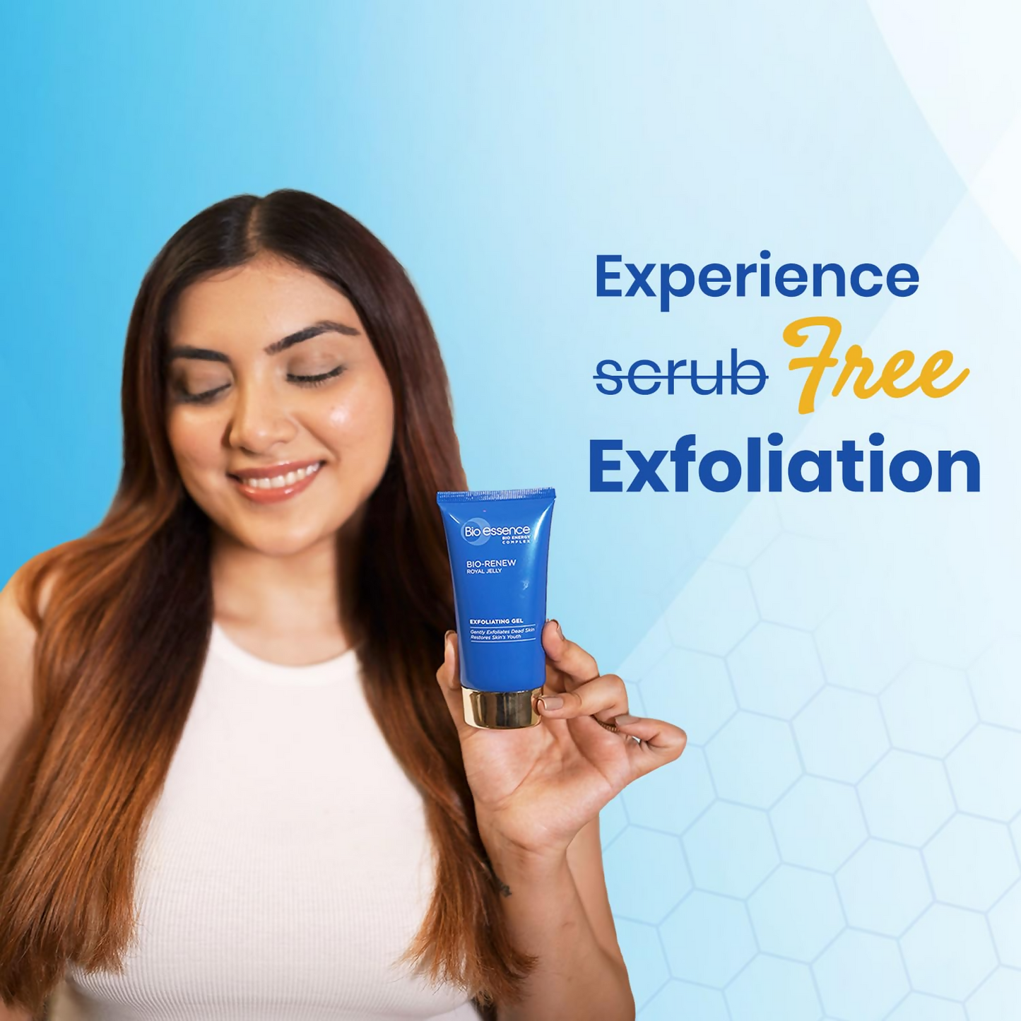 Bioessence Bio Essence Scrub Free Exfoliation Gel Cleanser with royal jelly, showcasing the gel cleanser in a clear bottle.