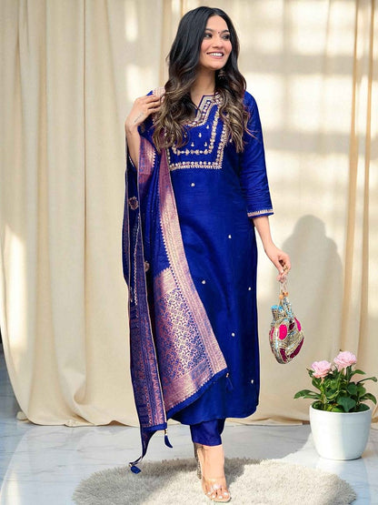 Indyancart SN Women's Embroidered Pure Cotton Straight Kurta Trousers & Dupatta