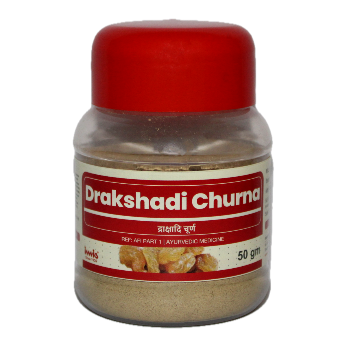 IMIS Ayurveda Drakshadi Churna in a 50g package, a traditional Ayurvedic herbal powder filled with dried fruits and herbs.