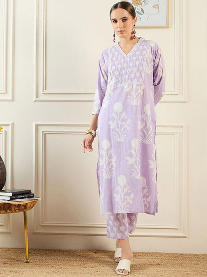 Indyancart IE Floral Printed V-Neck Pure Cotton Straight Kurta With Trousers & Dupatta