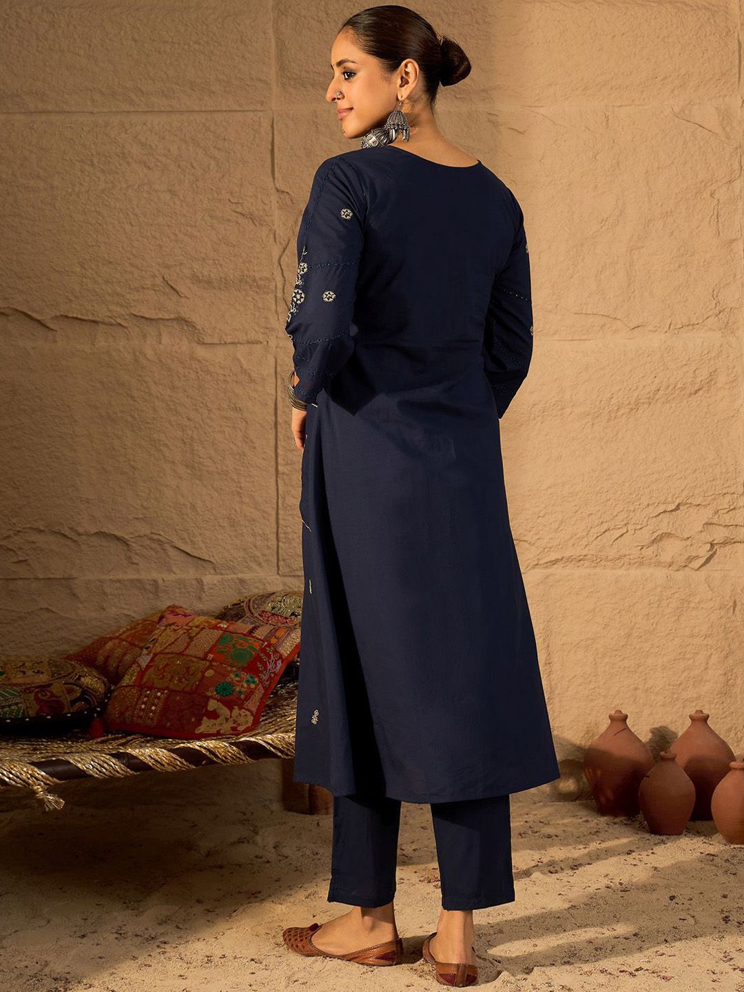 Women Ethnic Motifs Embroidered Pure Cotton A-Line Kurta with Trouser
