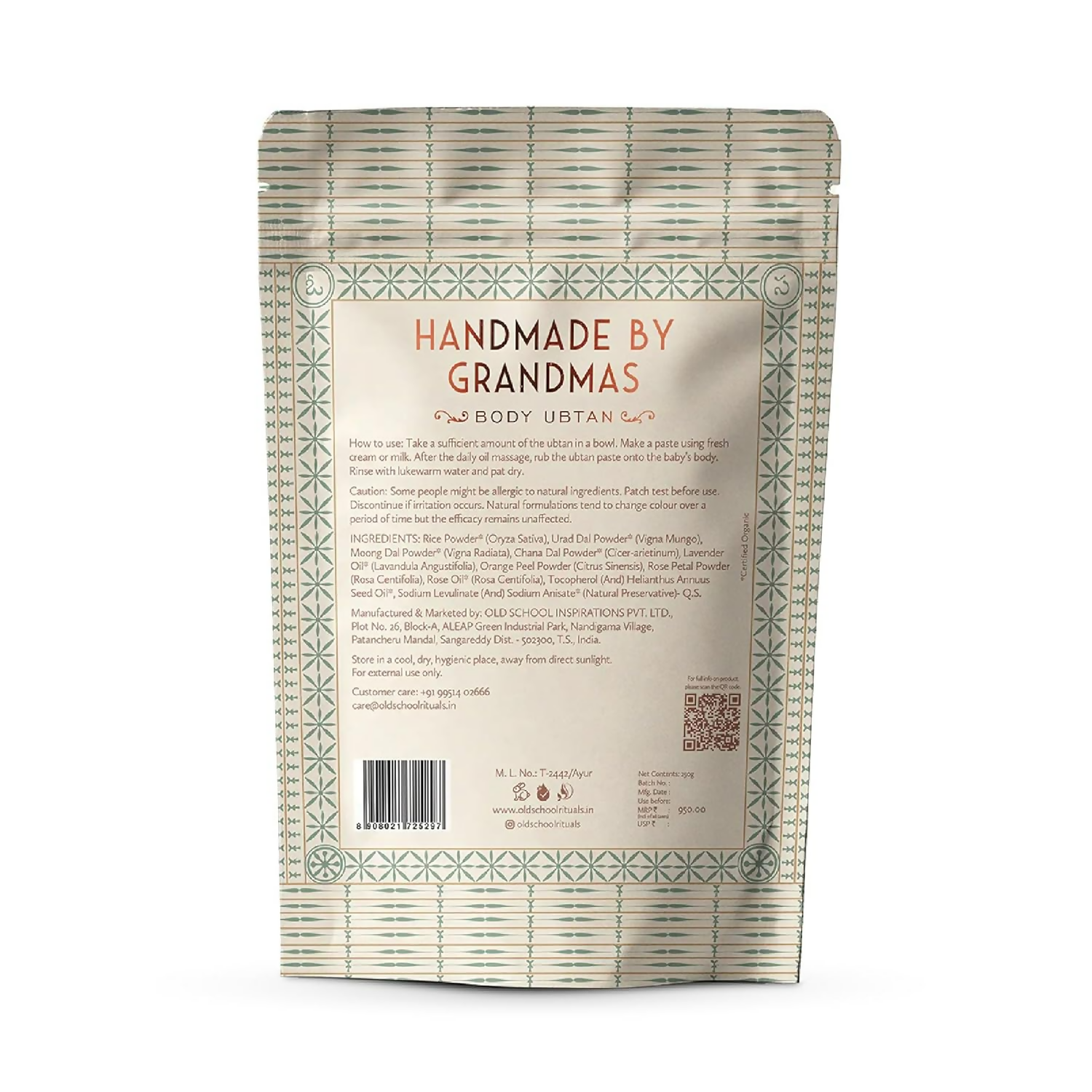 Old School Rituals handmade baby body Ubtan natural bath powder with traditional herbal ingredients, gentle for baby skin care.