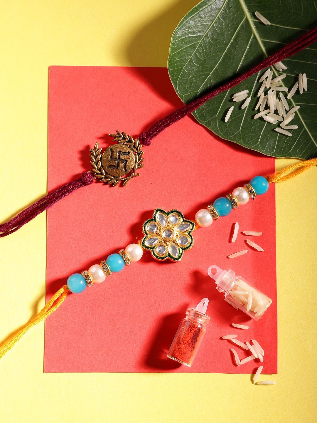 Anouk Unisex Set of 2 Beaded Bhai Bhabhi Rakhis With Roli & Chawal